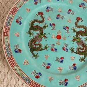 10" Chinese Export Teal Blue Famille Rose Ceramic Plate Dragons Flaming Pearl